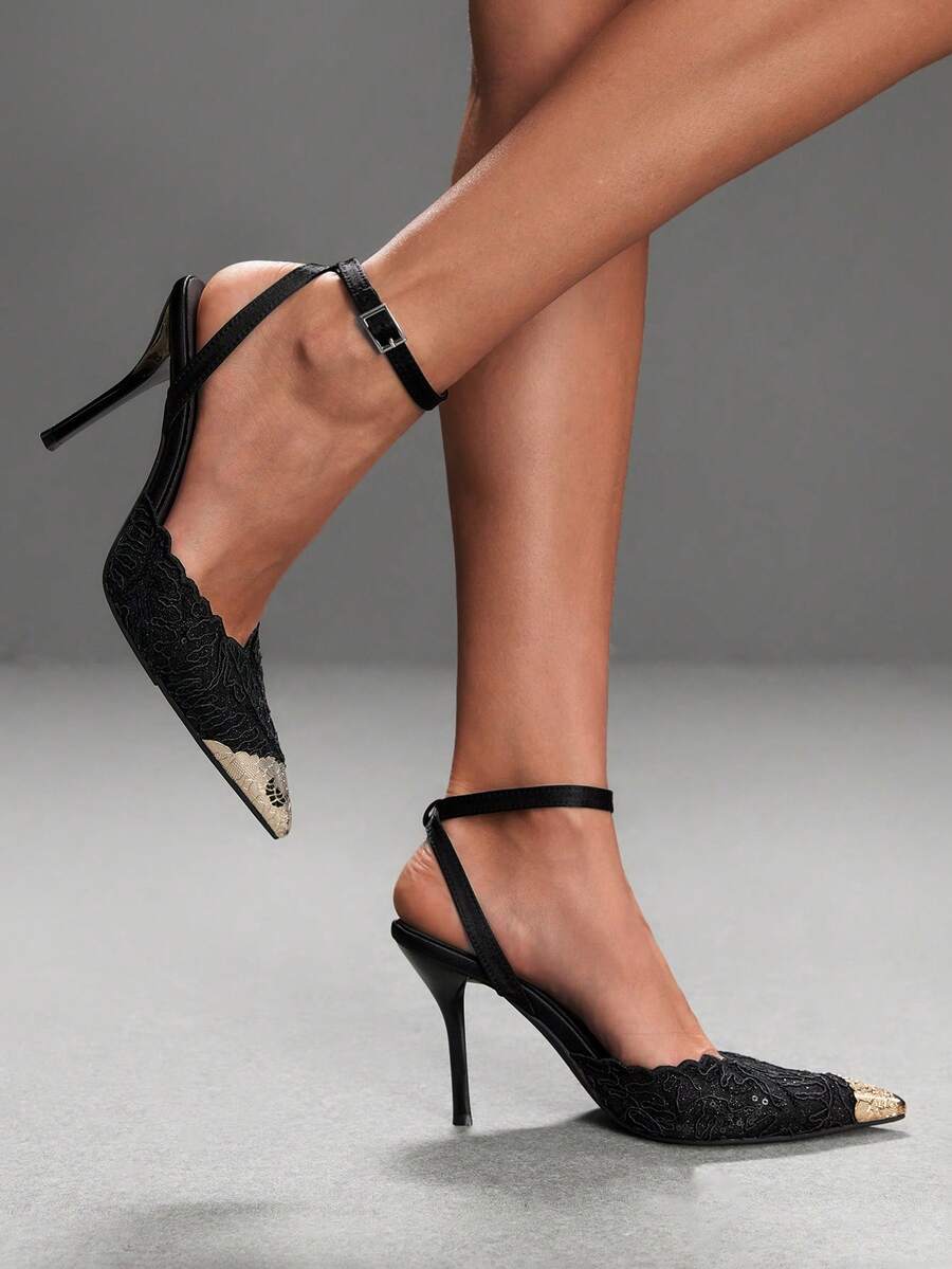 Women's stiletto high heel shoes featuring an elegant buckle detail and ankle strap slingback design.