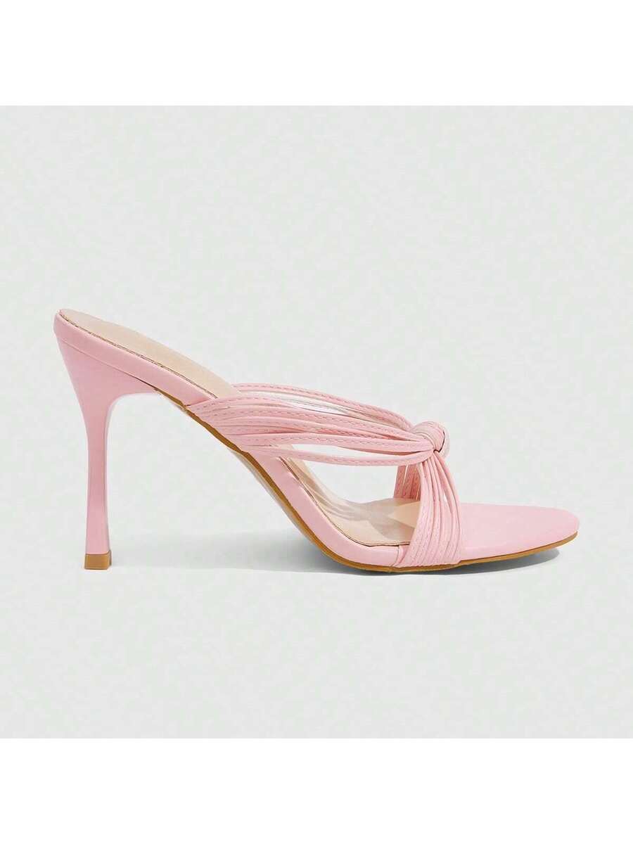 Women's high heel sandals with knotted thin straps, open round toe, and sleek stiletto thin heel.