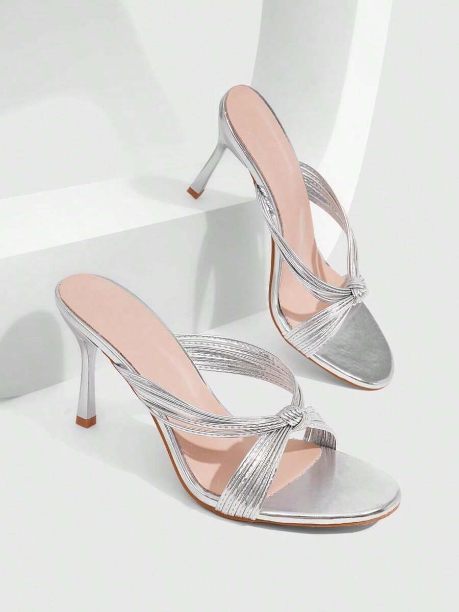 Women's high heel sandals with knotted thin straps, open round toe, and sleek stiletto thin heel.
