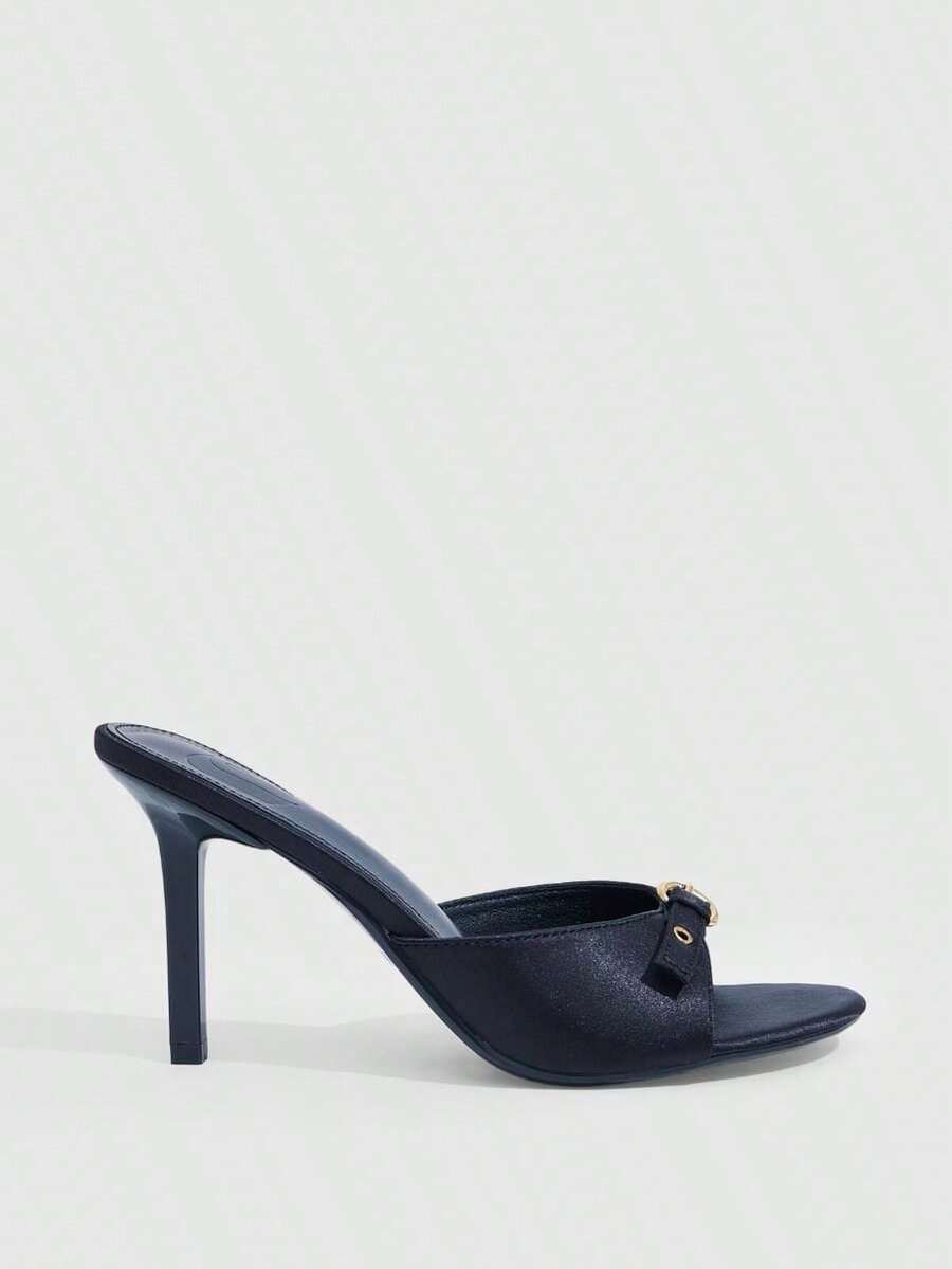 Elegant burgundy high heel slingback sandals with an open toe and round buckle strap.