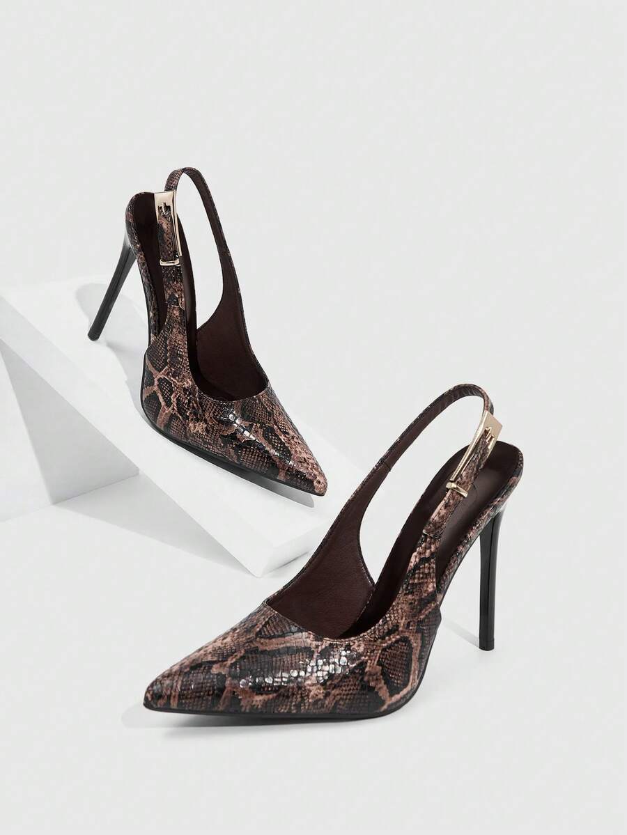 Pointed toe stiletto high heel evening party pumps featuring an ankle strap with buckle closure.