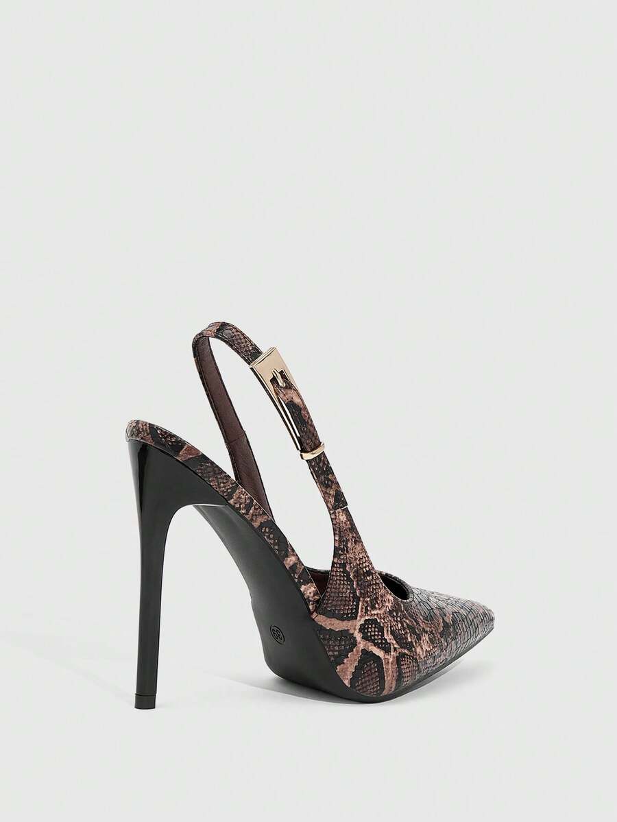 Pointed toe stiletto high heel evening party pumps featuring an ankle strap with buckle closure.