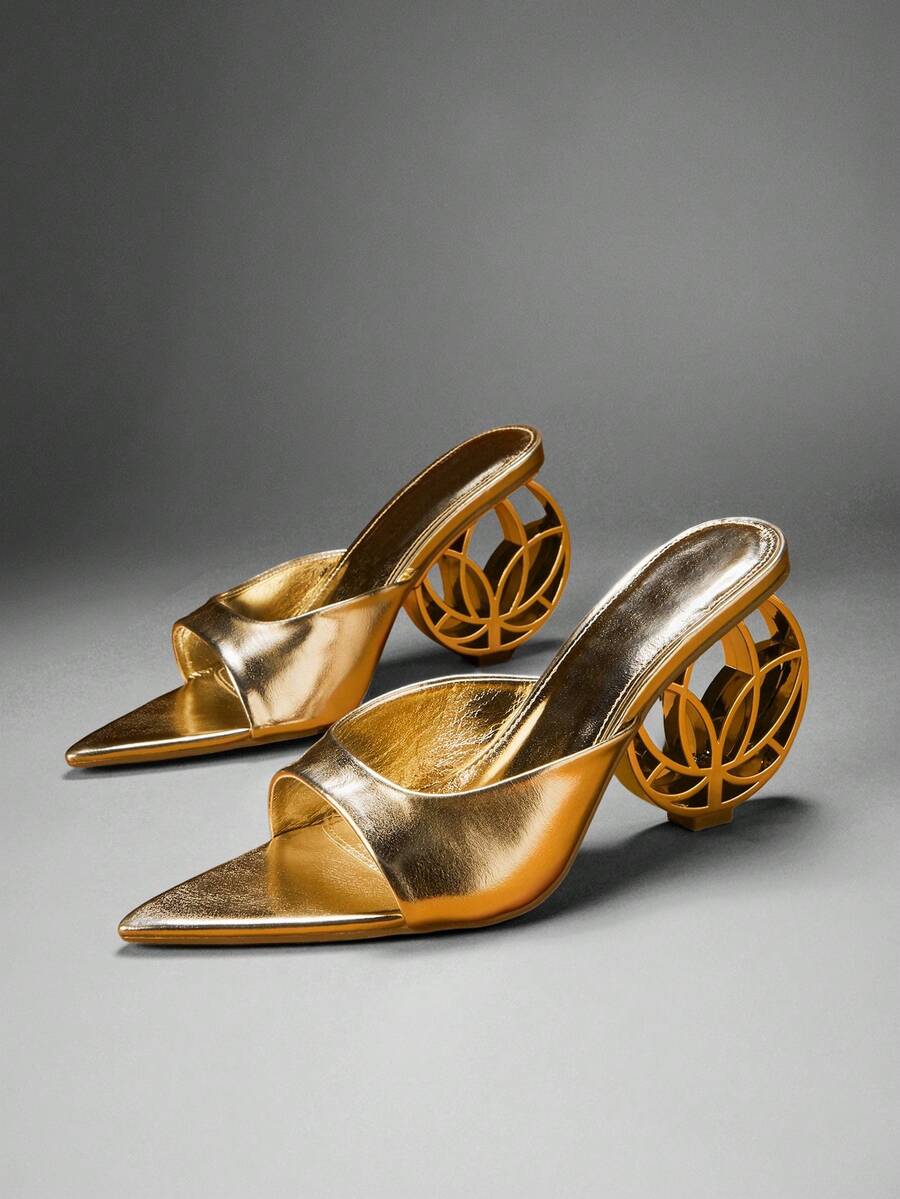 Women's slip-on heeled sandals in gold PU leather featuring a pointed toe and sculptural ball-shaped mid heel.