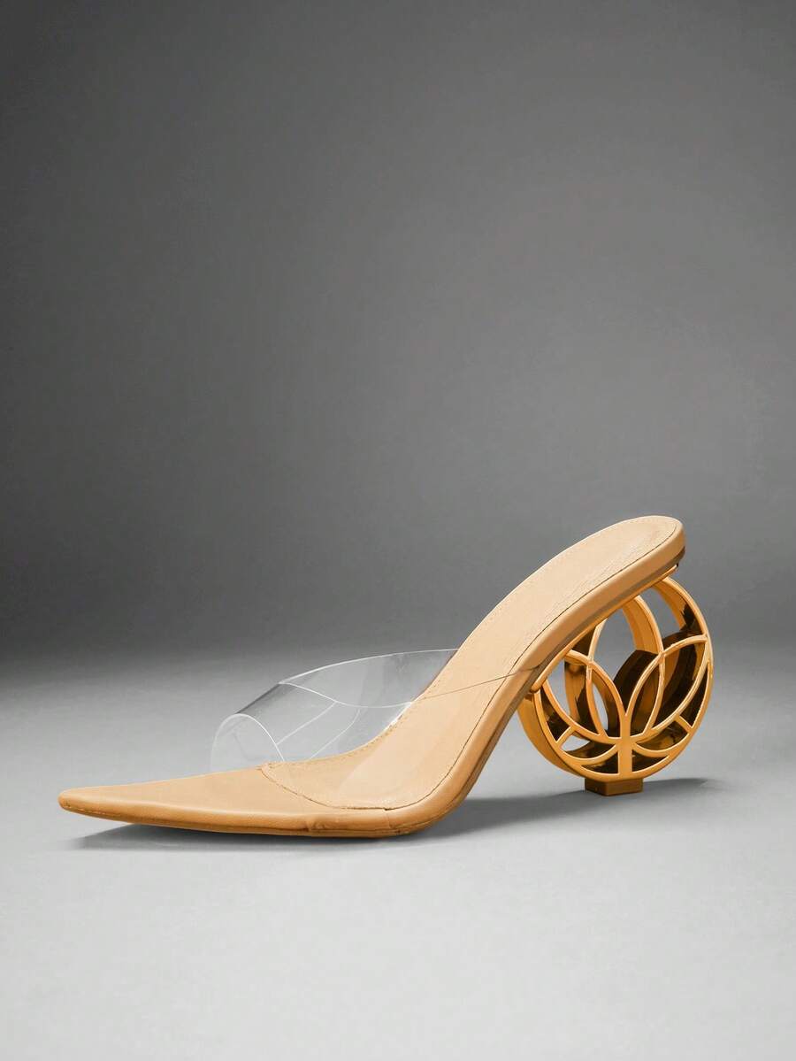 Women's slip-on heeled sandals in gold PU leather featuring a pointed toe and sculptural ball-shaped mid heel.