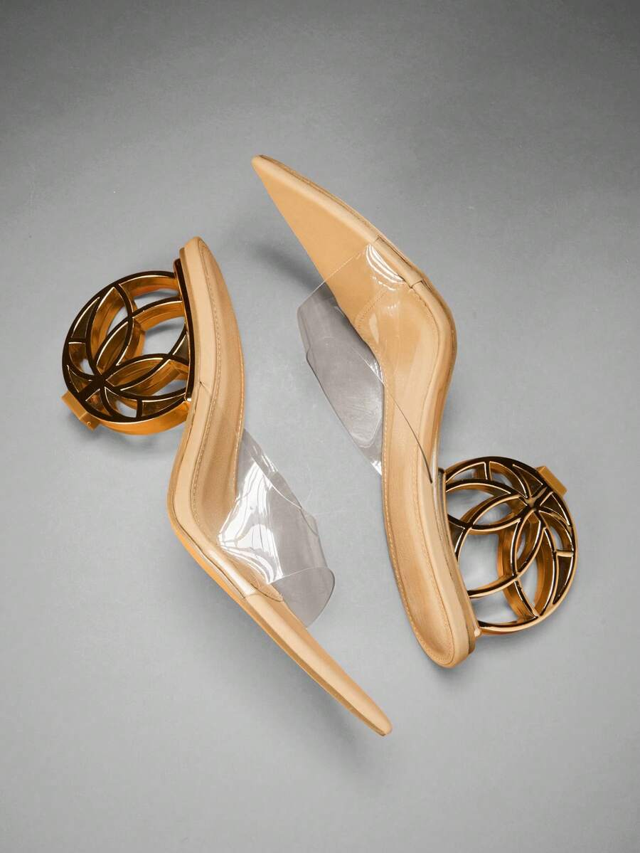 Women's slip-on heeled sandals in gold PU leather featuring a pointed toe and sculptural ball-shaped mid heel.