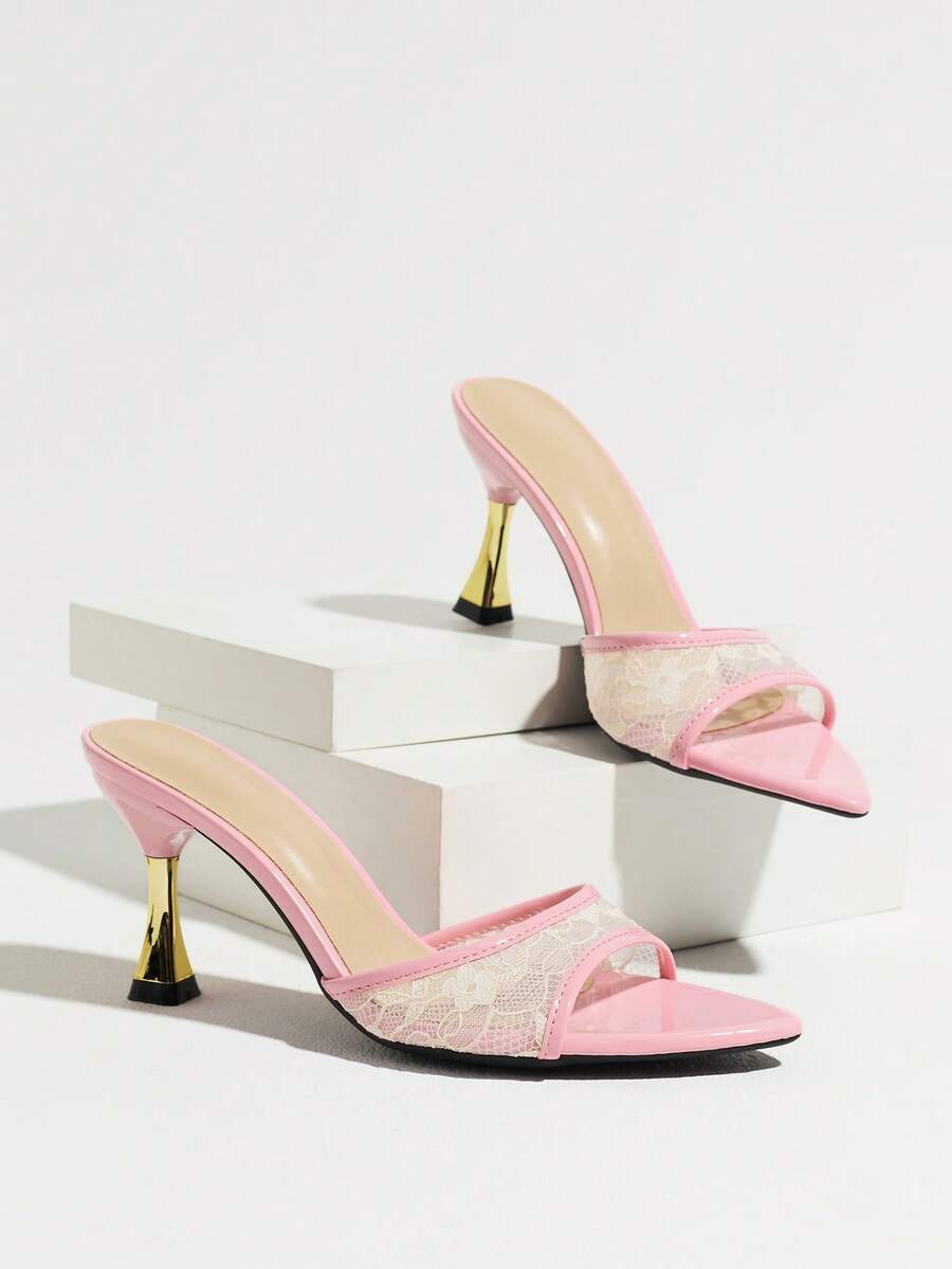 Women's pointed toe high heel mule sandals featuring a sleek slip-on design with elegant lace embroidery detailing