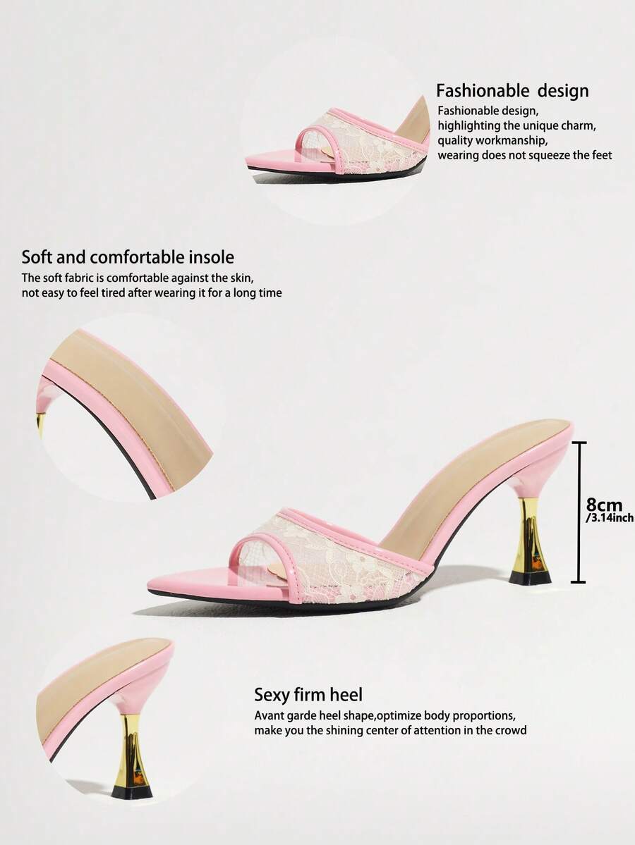 Women's pointed toe high heel mule sandals featuring a sleek slip-on design with elegant lace embroidery detailing