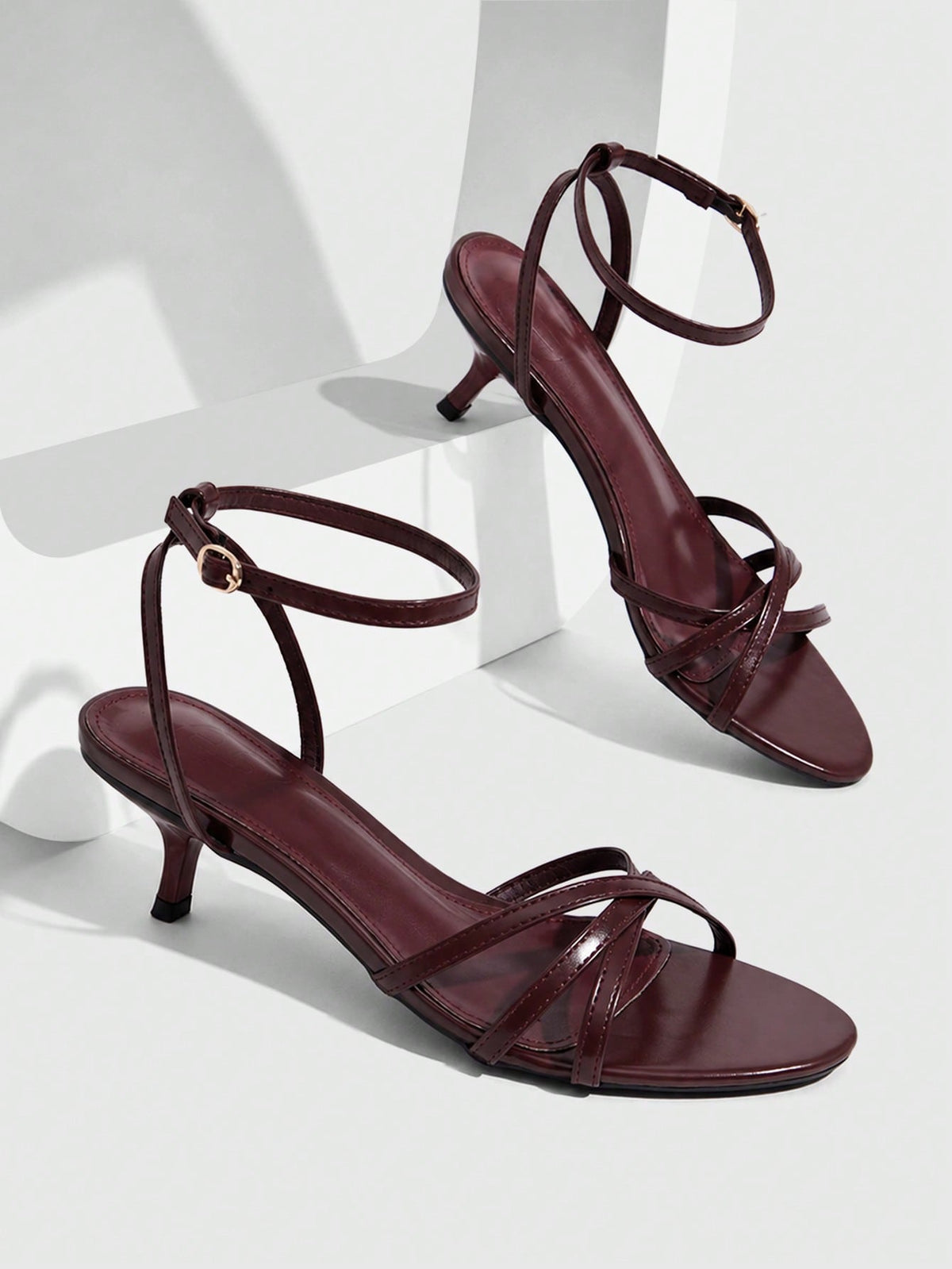 Women's pointed toe kitten heel shoes with adjustable ankle strap buckle closure