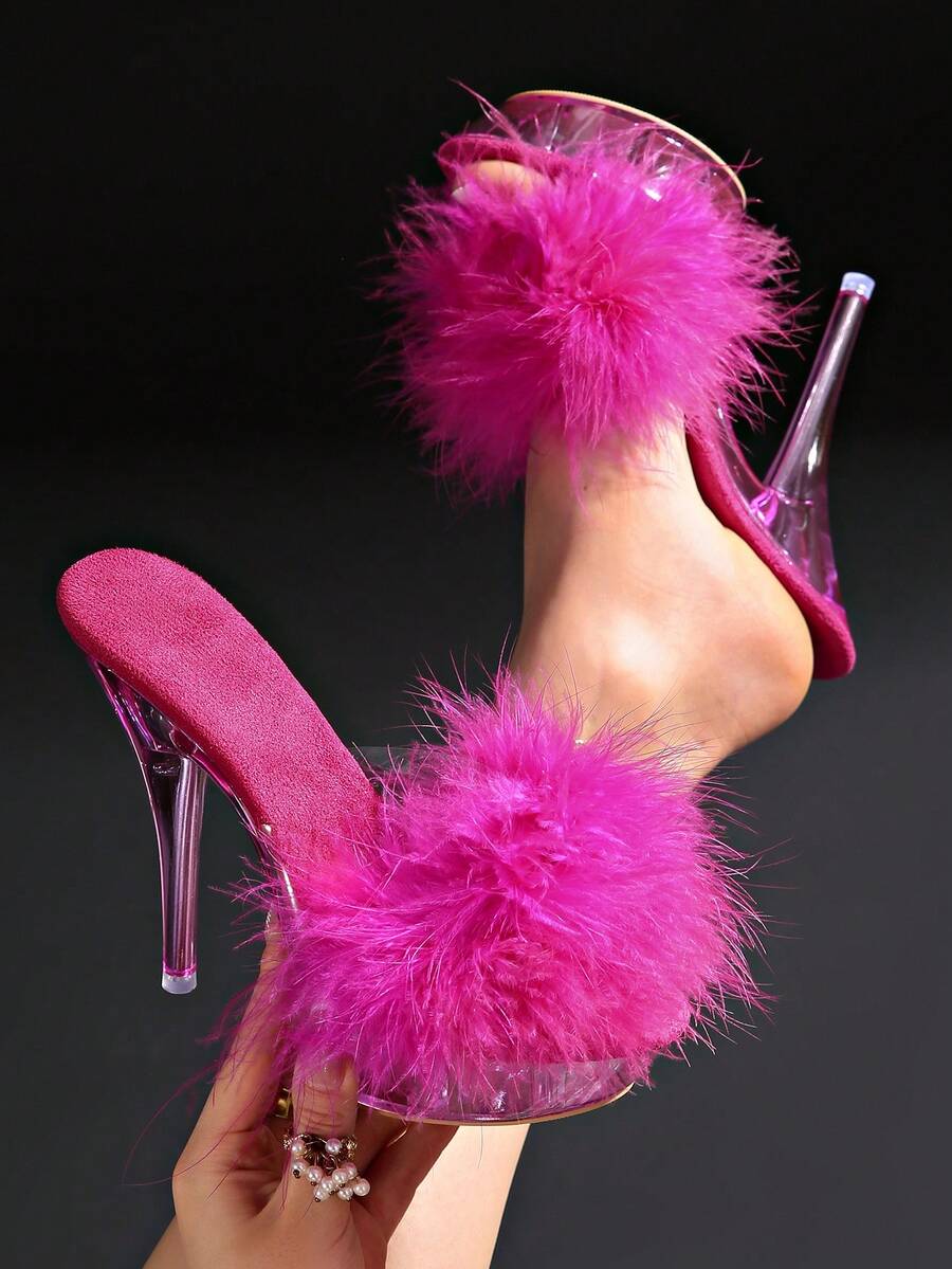 Transparent chunky heel platform slide sandals for women featuring clear PVC upper, open toe design, and ultra high heels.