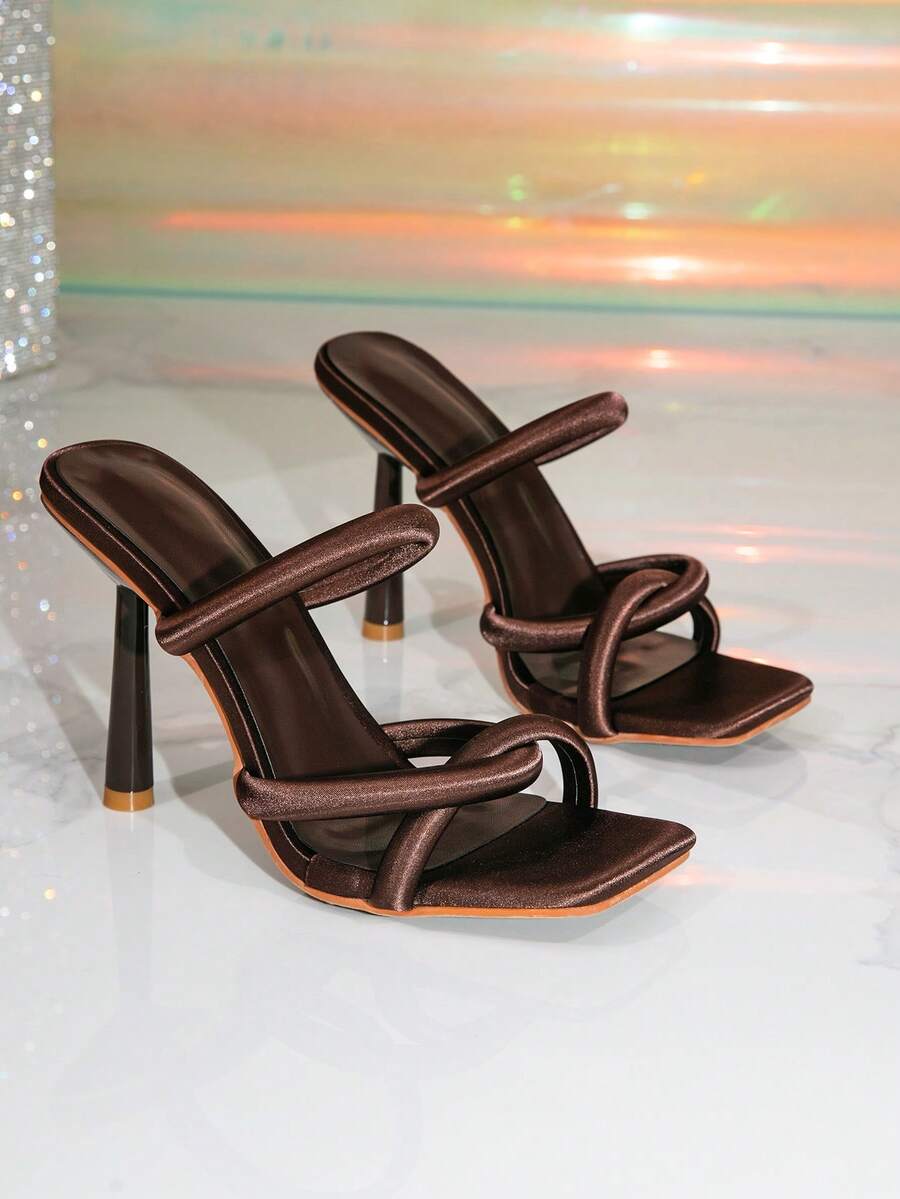 Women's gold open toe high heel mule sandals with pyramid decor and slip on party slide design