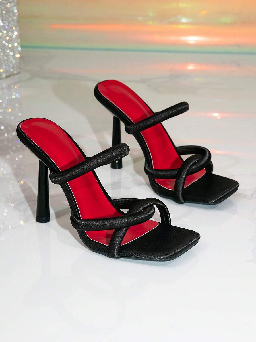 Women's gold open toe high heel mule sandals with pyramid decor and slip on party slide design