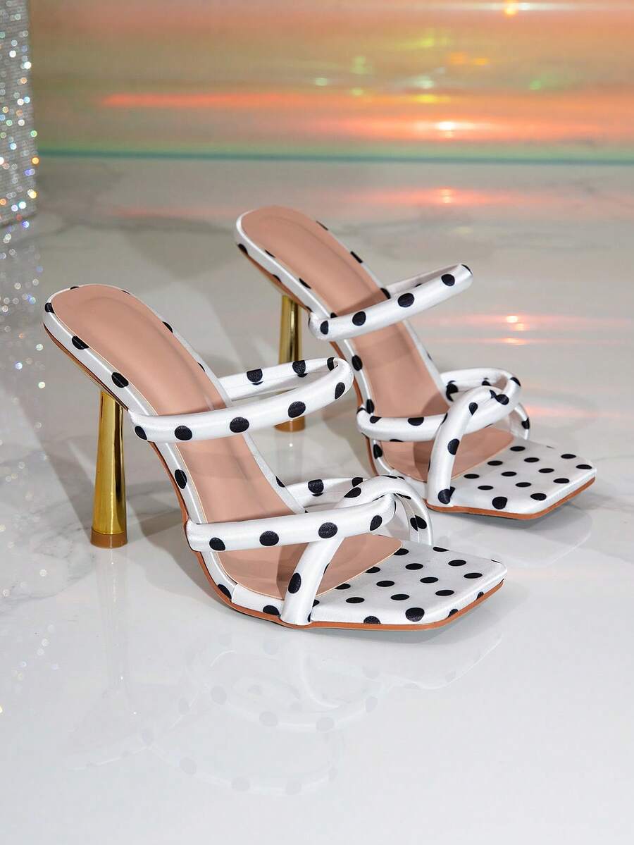 Women's gold open toe high heel mule sandals with pyramid decor and slip on party slide design