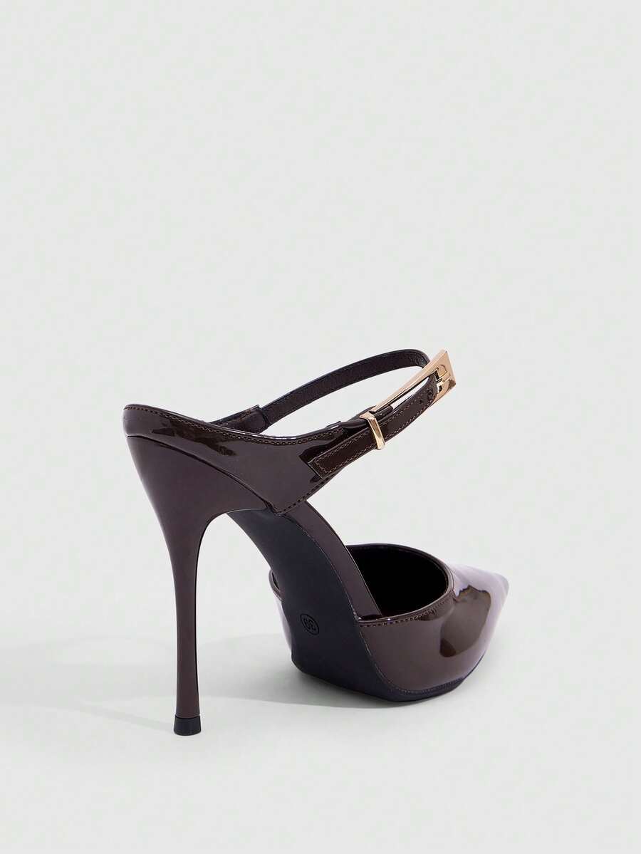 Burgundy pointed toe stiletto high heels with ankle strap buckle detail in patent PU leather