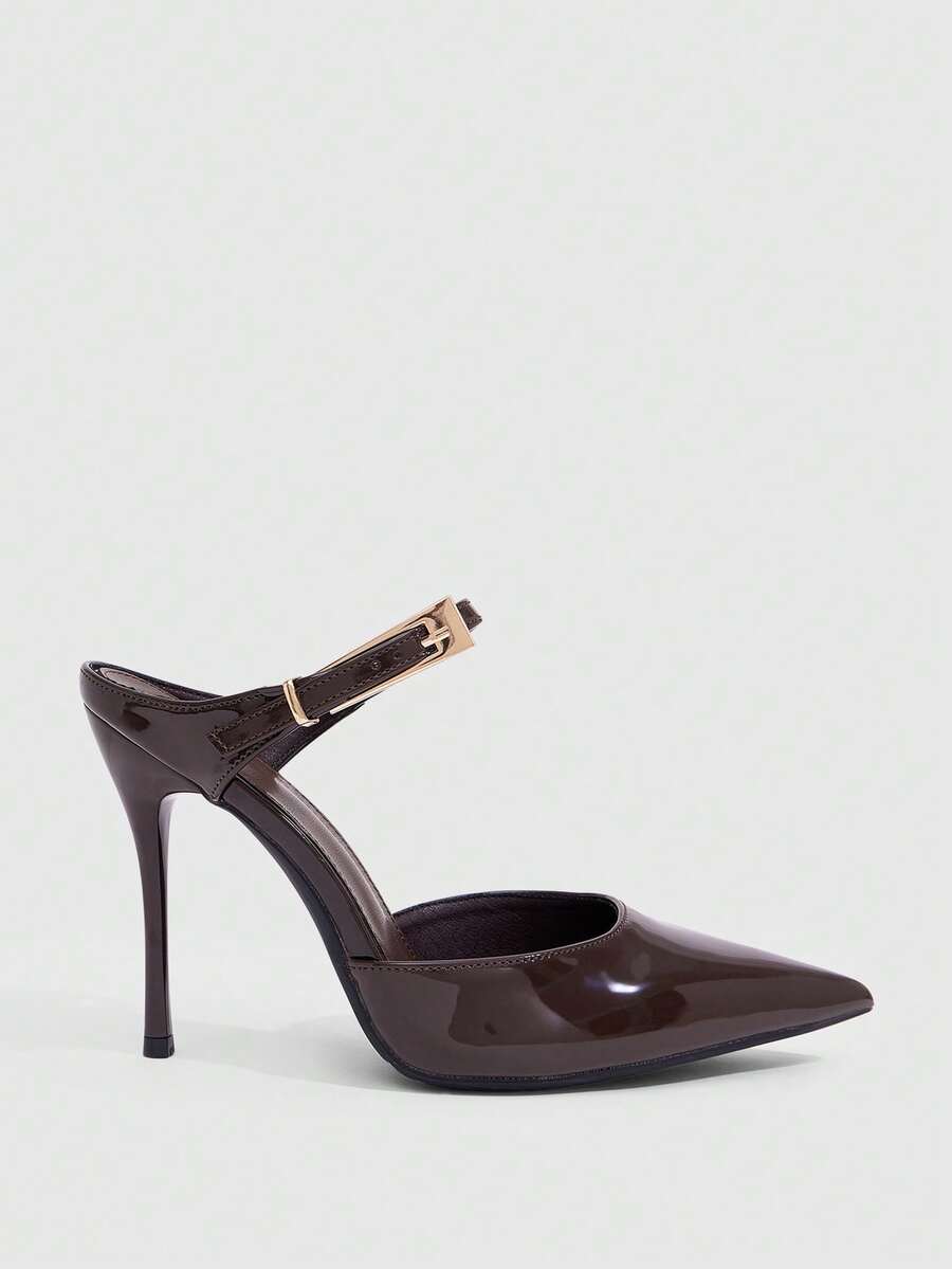 Burgundy pointed toe stiletto high heels with ankle strap buckle detail in patent PU leather