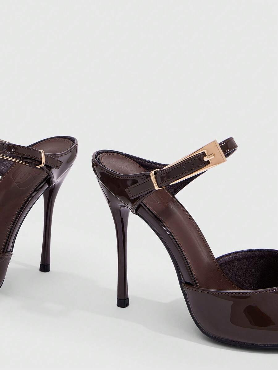 Burgundy pointed toe stiletto high heels with ankle strap buckle detail in patent PU leather