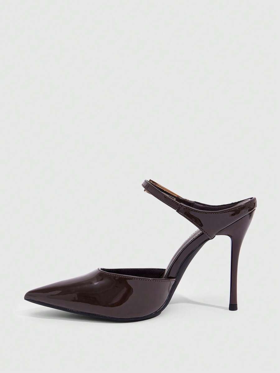 Burgundy pointed toe stiletto high heels with ankle strap buckle detail in patent PU leather