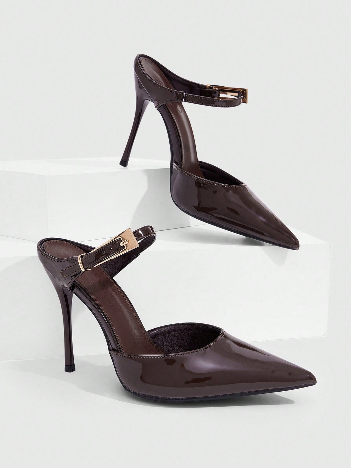 Burgundy pointed toe stiletto high heels with ankle strap buckle detail in patent PU leather