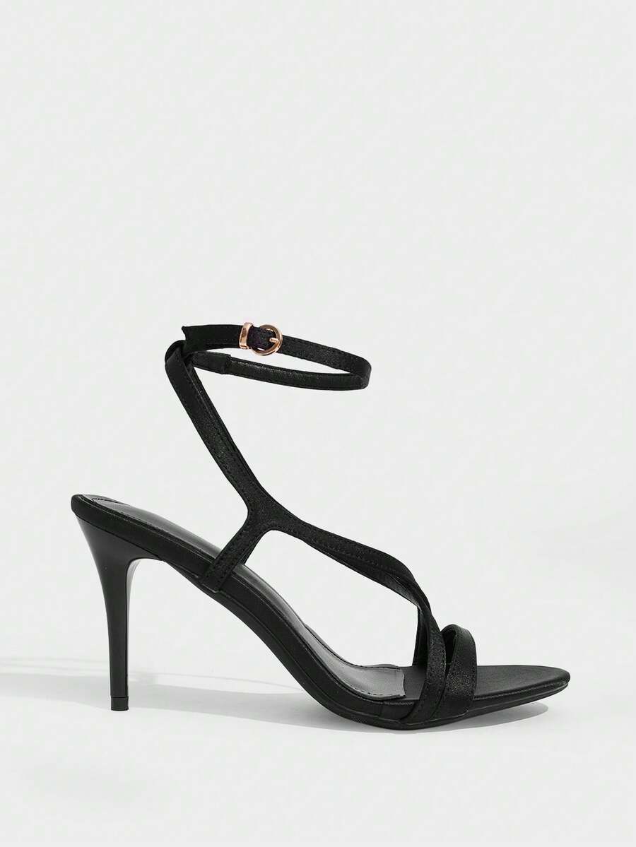 Square toe stiletto high heel sandals in deep burgundy satin featuring criss cross straps and an open toe design.