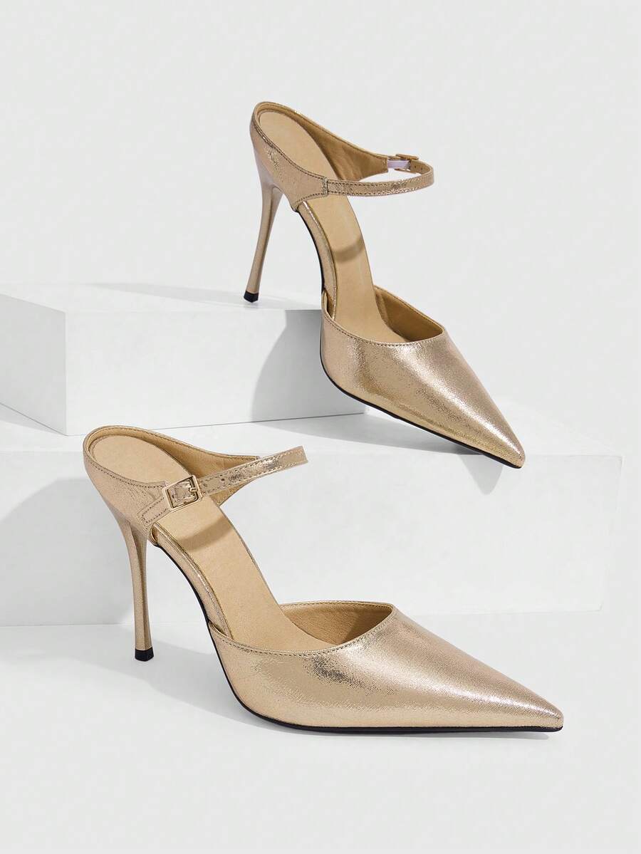 Burgundy pointed toe stiletto high heels with ankle strap buckle detail in patent PU leather