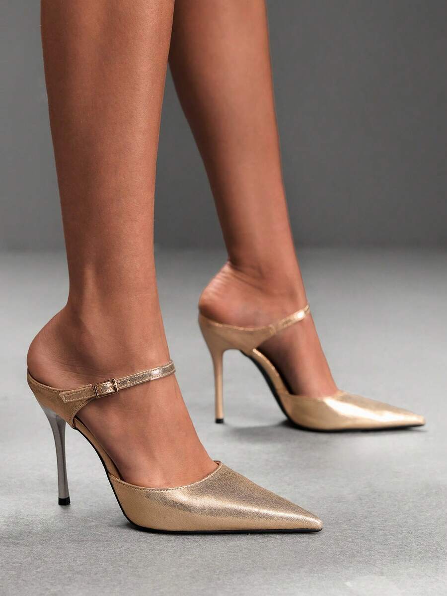 Burgundy pointed toe stiletto high heels with ankle strap buckle detail in patent PU leather