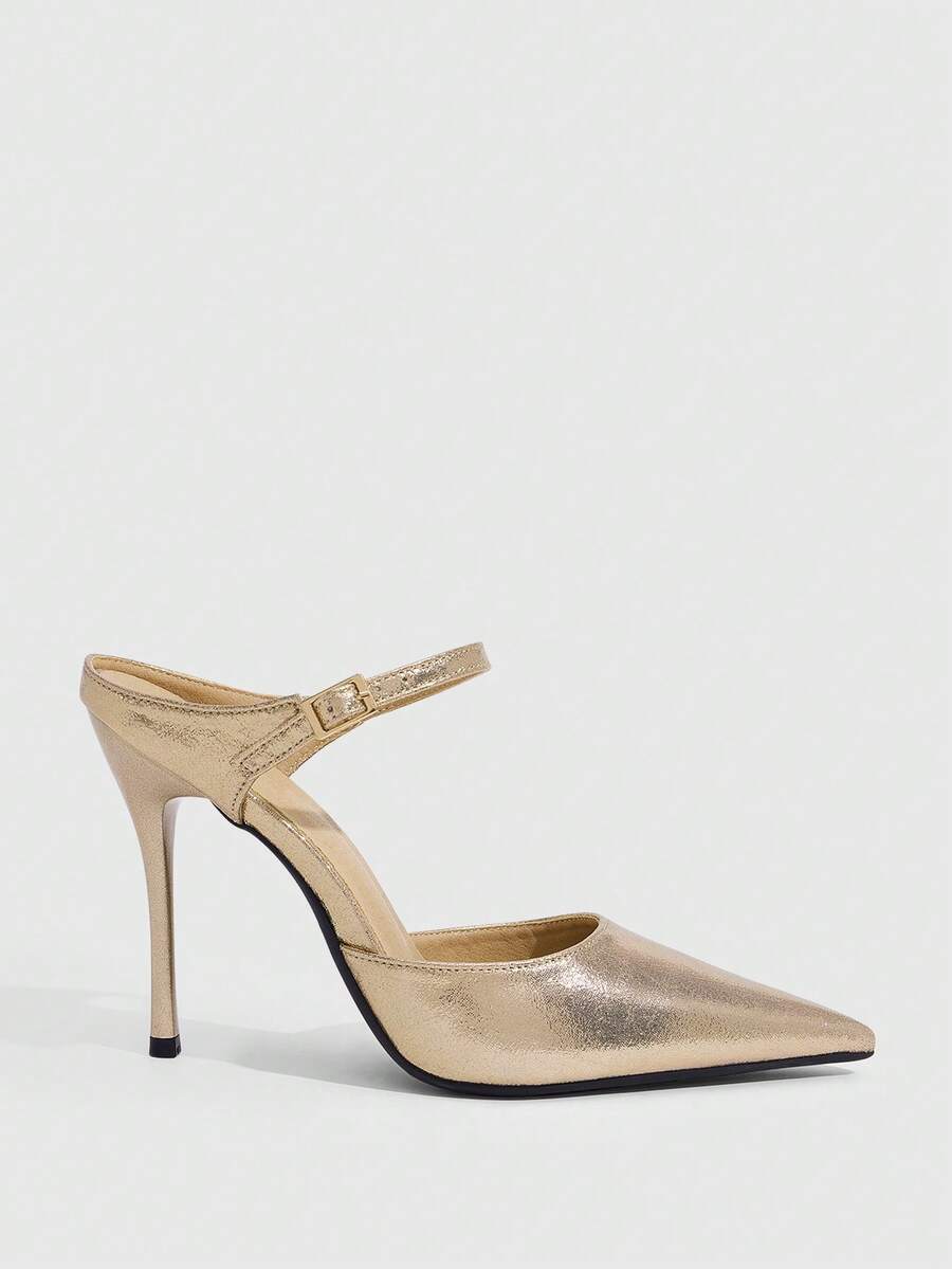 Burgundy pointed toe stiletto high heels with ankle strap buckle detail in patent PU leather