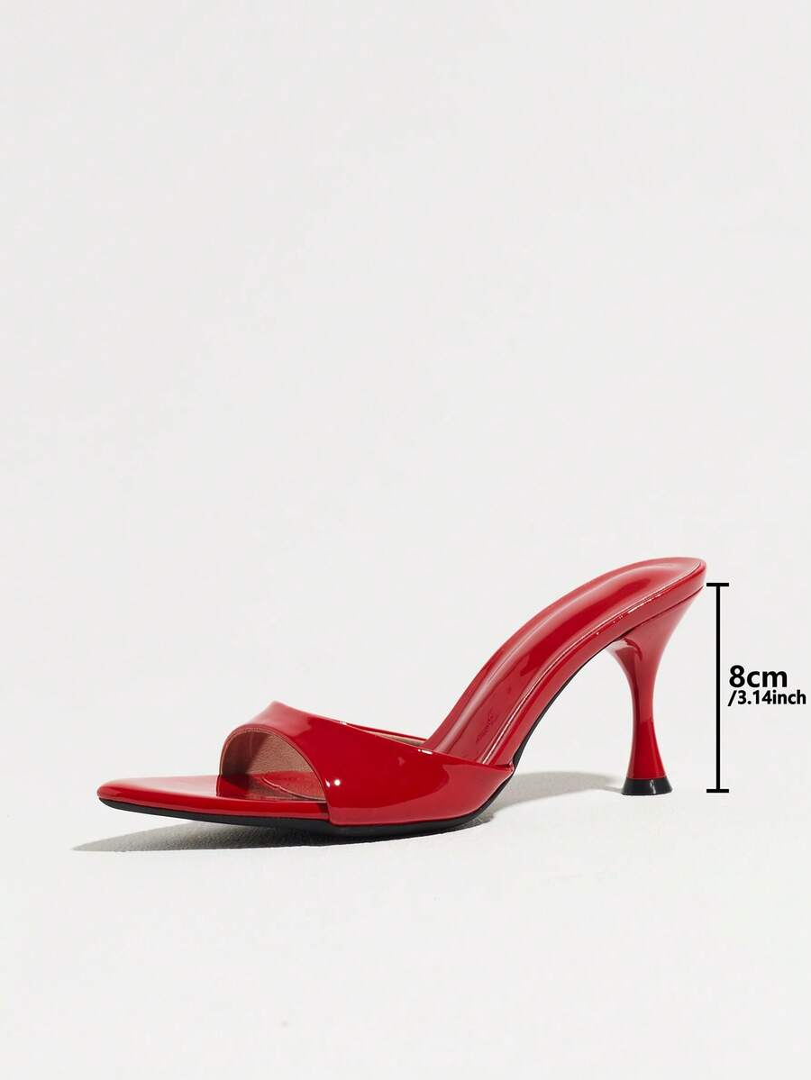 Women's open pointed toe stiletto mule high heel sandals featuring a glossy slip-on design.