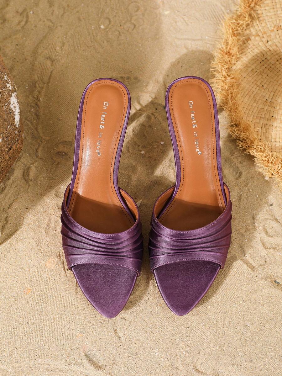 Women's open toe slip-on stiletto heel sandals featuring pleated satin design.