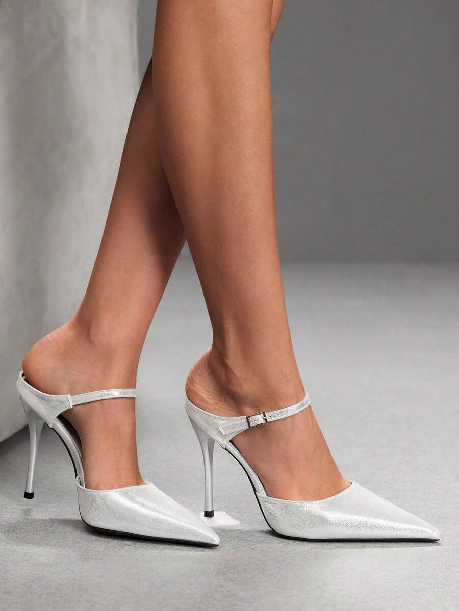 Burgundy pointed toe stiletto high heels with ankle strap buckle detail in patent PU leather