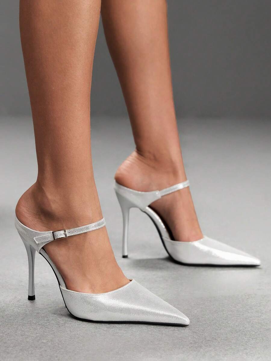 Burgundy pointed toe stiletto high heels with ankle strap buckle detail in patent PU leather