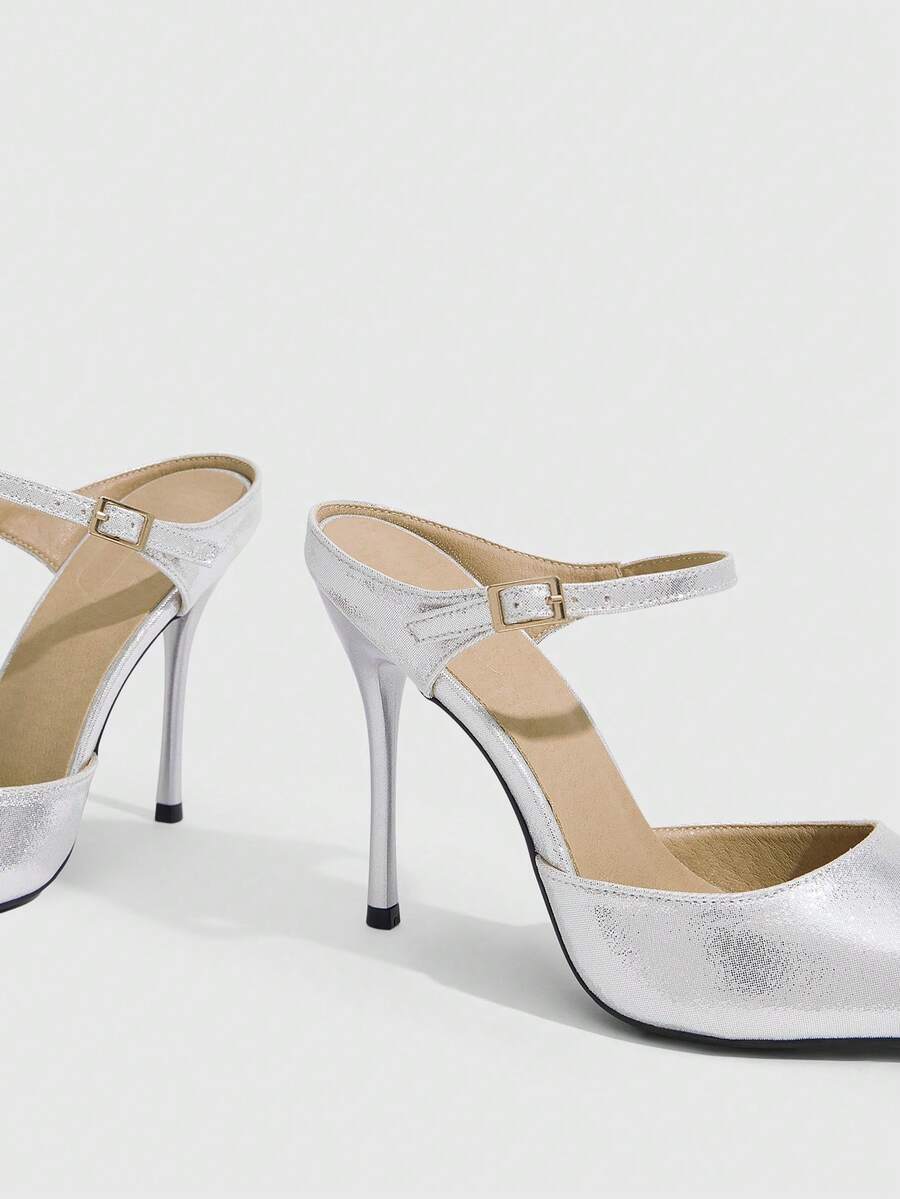 Burgundy pointed toe stiletto high heels with ankle strap buckle detail in patent PU leather