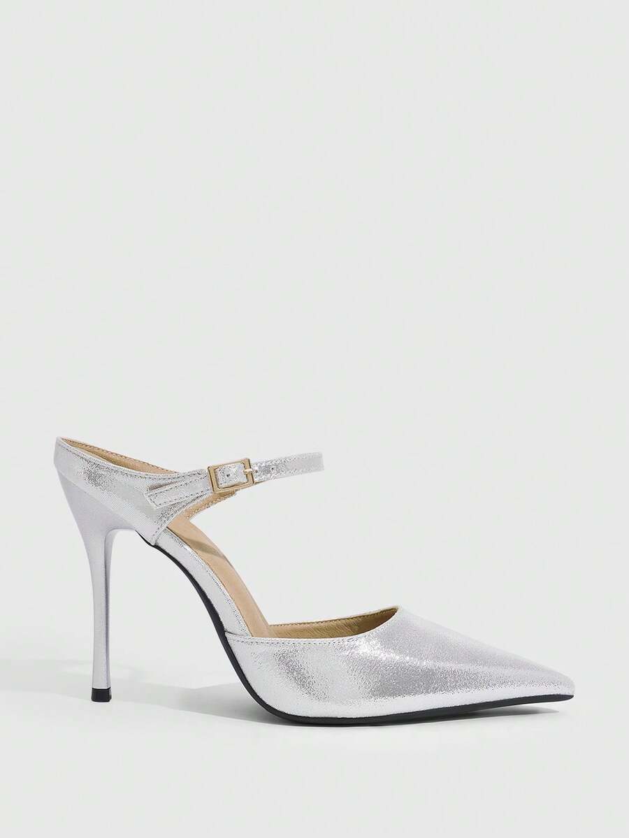 Burgundy pointed toe stiletto high heels with ankle strap buckle detail in patent PU leather