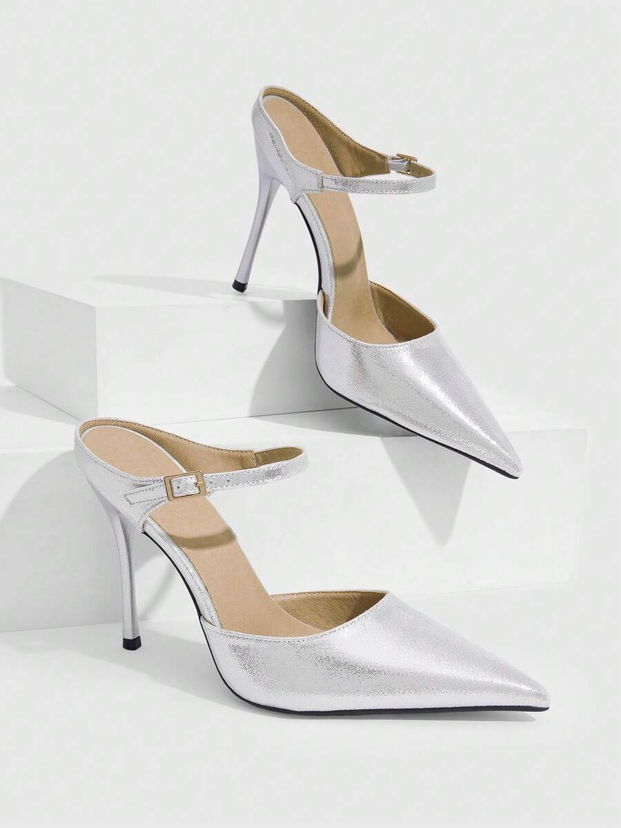 Burgundy pointed toe stiletto high heels with ankle strap buckle detail in patent PU leather