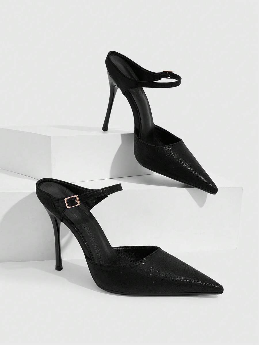 Burgundy pointed toe stiletto high heels with ankle strap buckle detail in patent PU leather