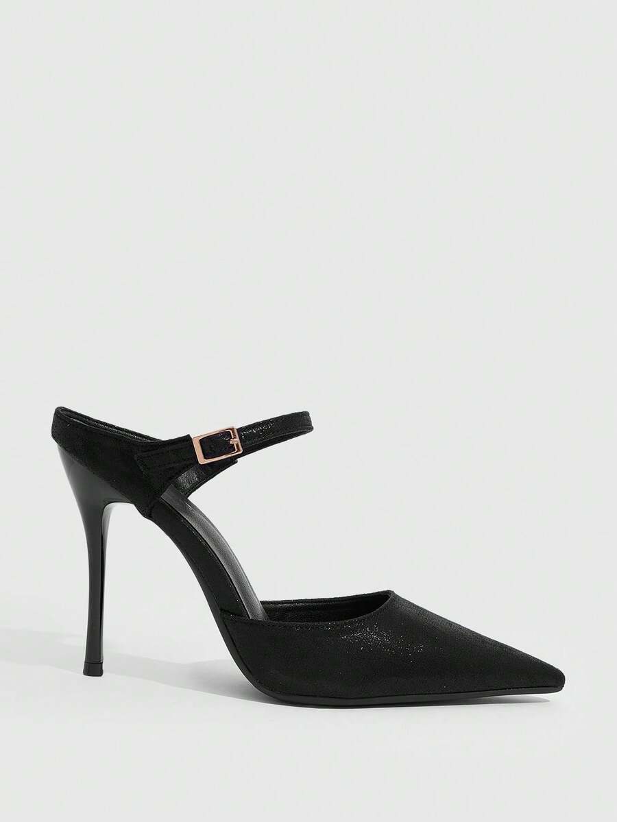 Burgundy pointed toe stiletto high heels with ankle strap buckle detail in patent PU leather