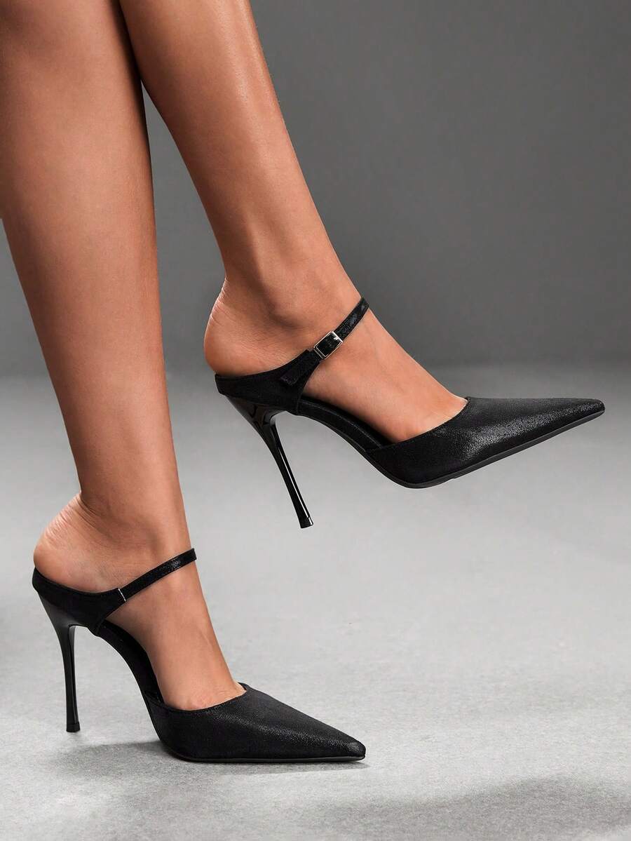 Burgundy pointed toe stiletto high heels with ankle strap buckle detail in patent PU leather