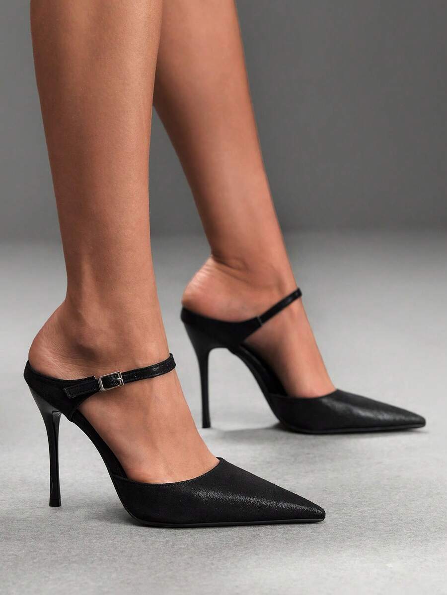 Burgundy pointed toe stiletto high heels with ankle strap buckle detail in patent PU leather