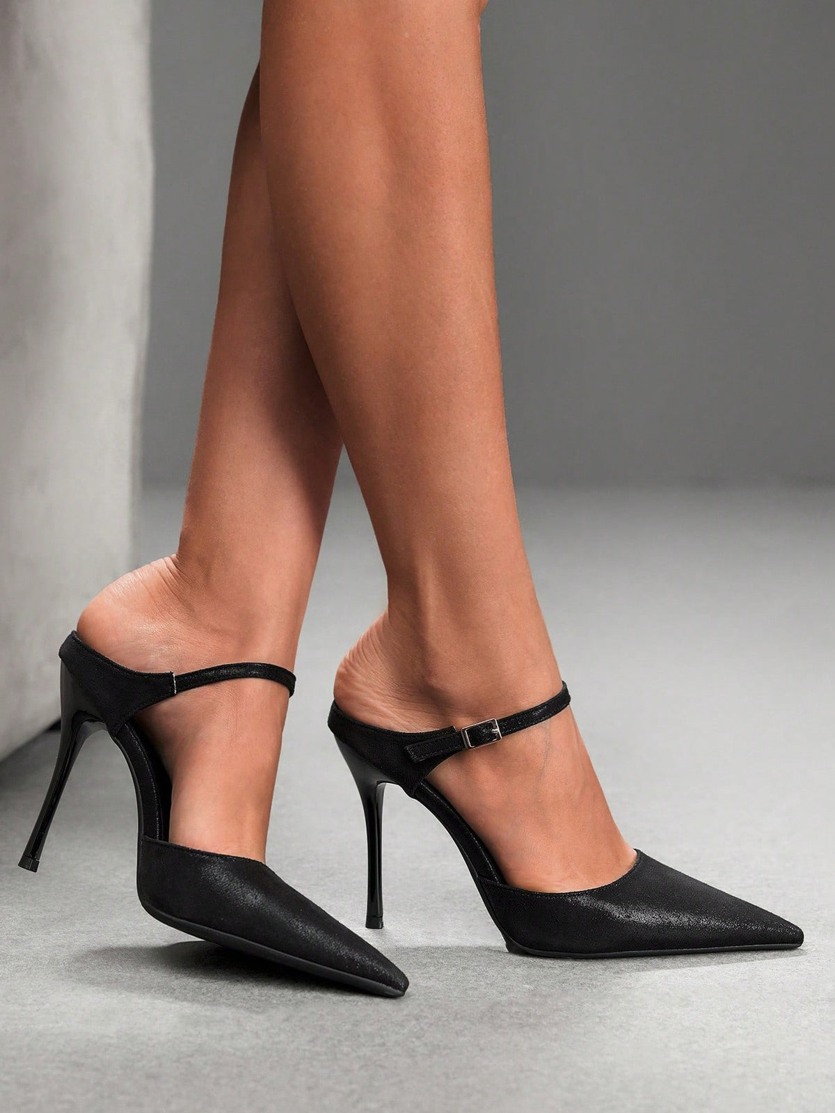 Burgundy pointed toe stiletto high heels with ankle strap buckle detail in patent PU leather