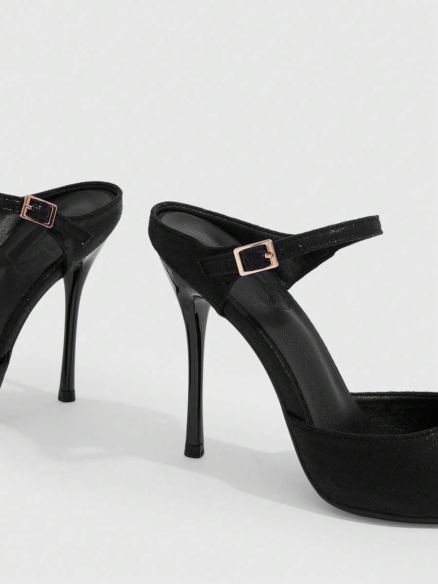 Burgundy pointed toe stiletto high heels with ankle strap buckle detail in patent PU leather