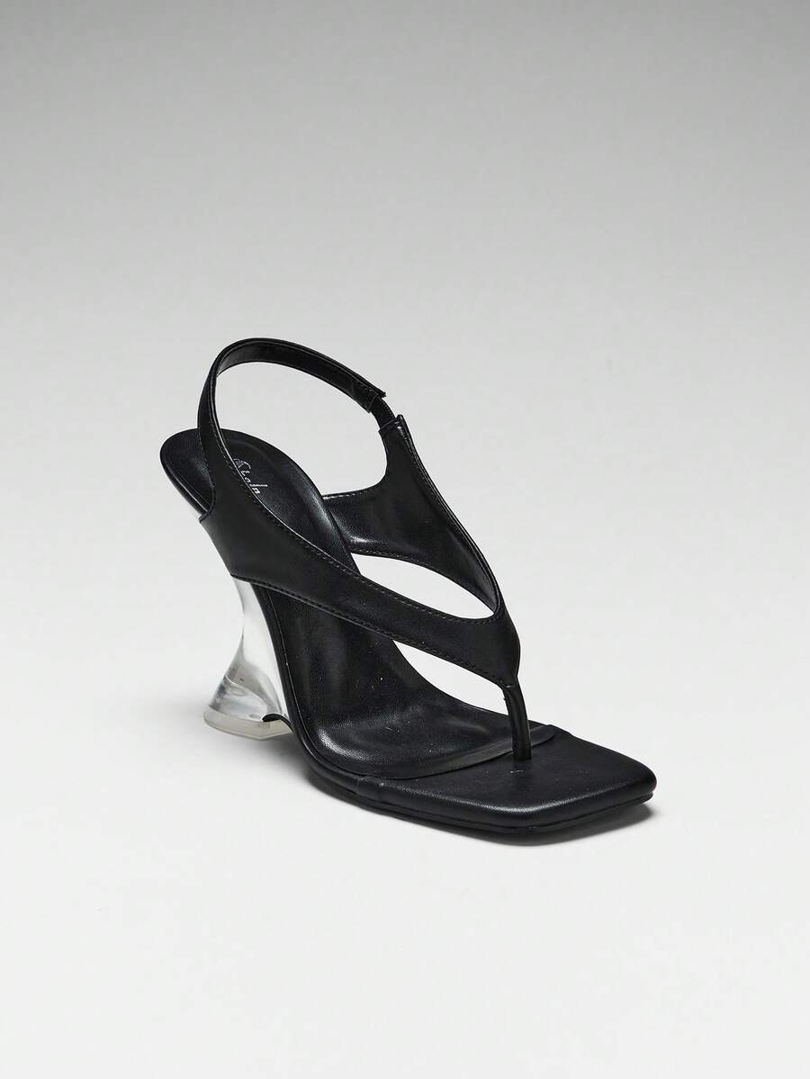 Women's slip-on thong strap wedge sandals featuring a high wedge heel and smooth PU leather upper.