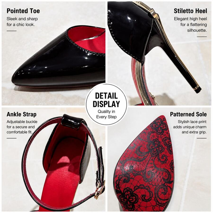 Black pointed toe stiletto pumps featuring an ankle strap with buckle closure and sword back detail.