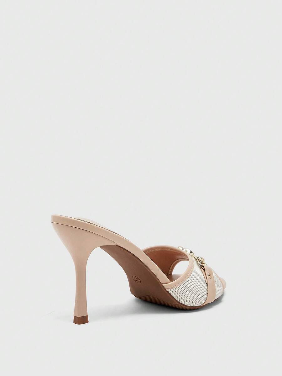 Women's beige high heel mule sandals with open round toe and metal chain detail