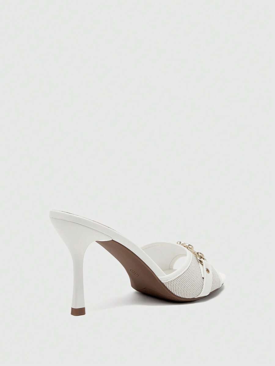 Women's beige high heel mule sandals with open round toe and metal chain detail