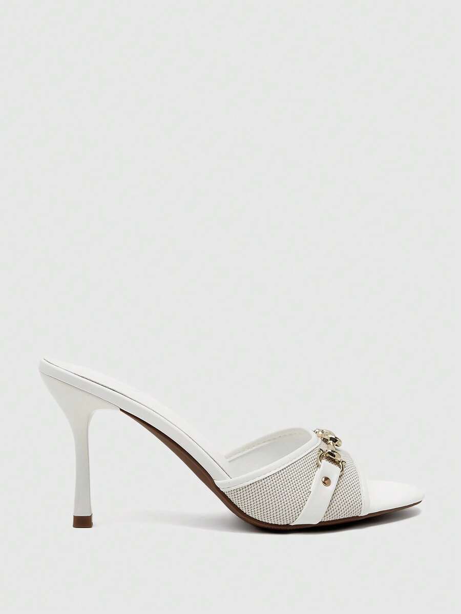 Women's beige high heel mule sandals with open round toe and metal chain detail