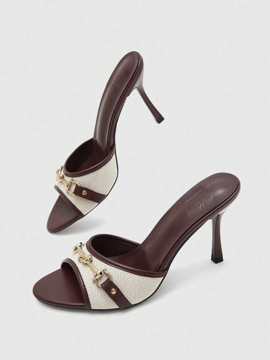 Women's beige high heel mule sandals with open round toe and metal chain detail