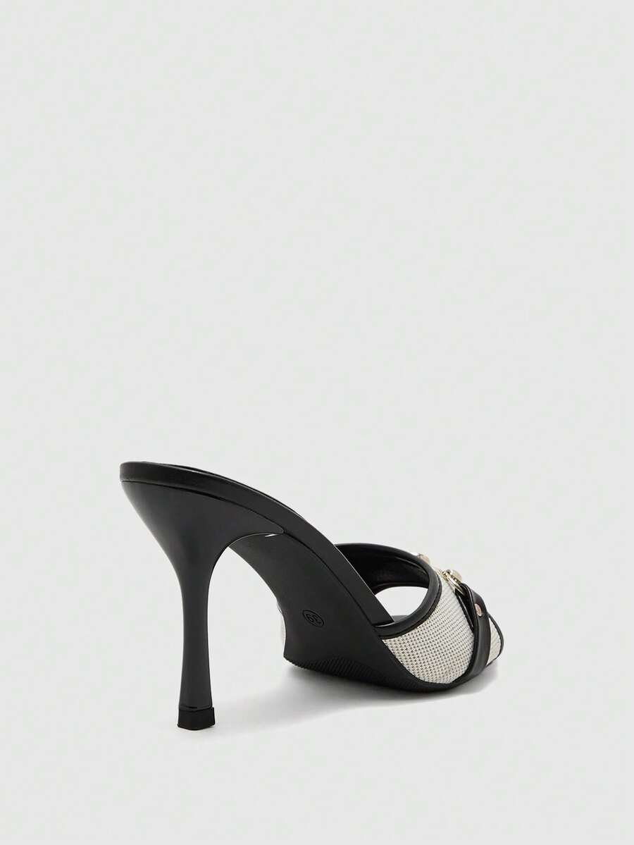 Women's beige high heel mule sandals with open round toe and metal chain detail