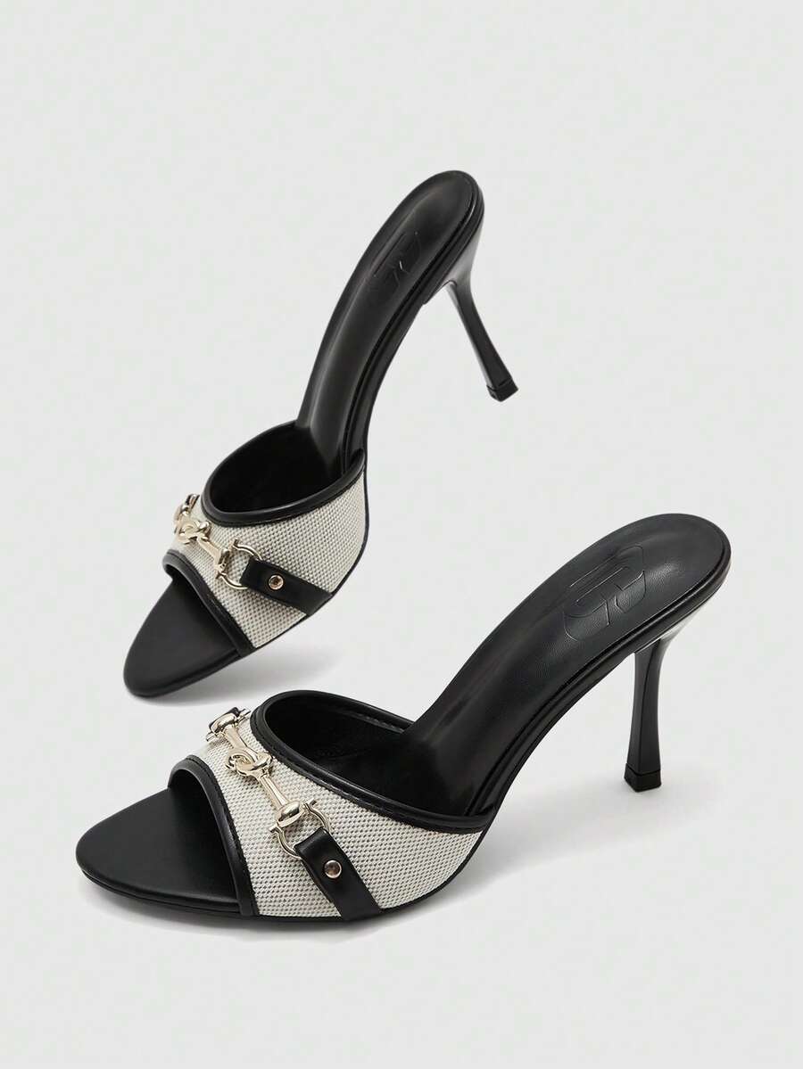 Women's beige high heel mule sandals with open round toe and metal chain detail