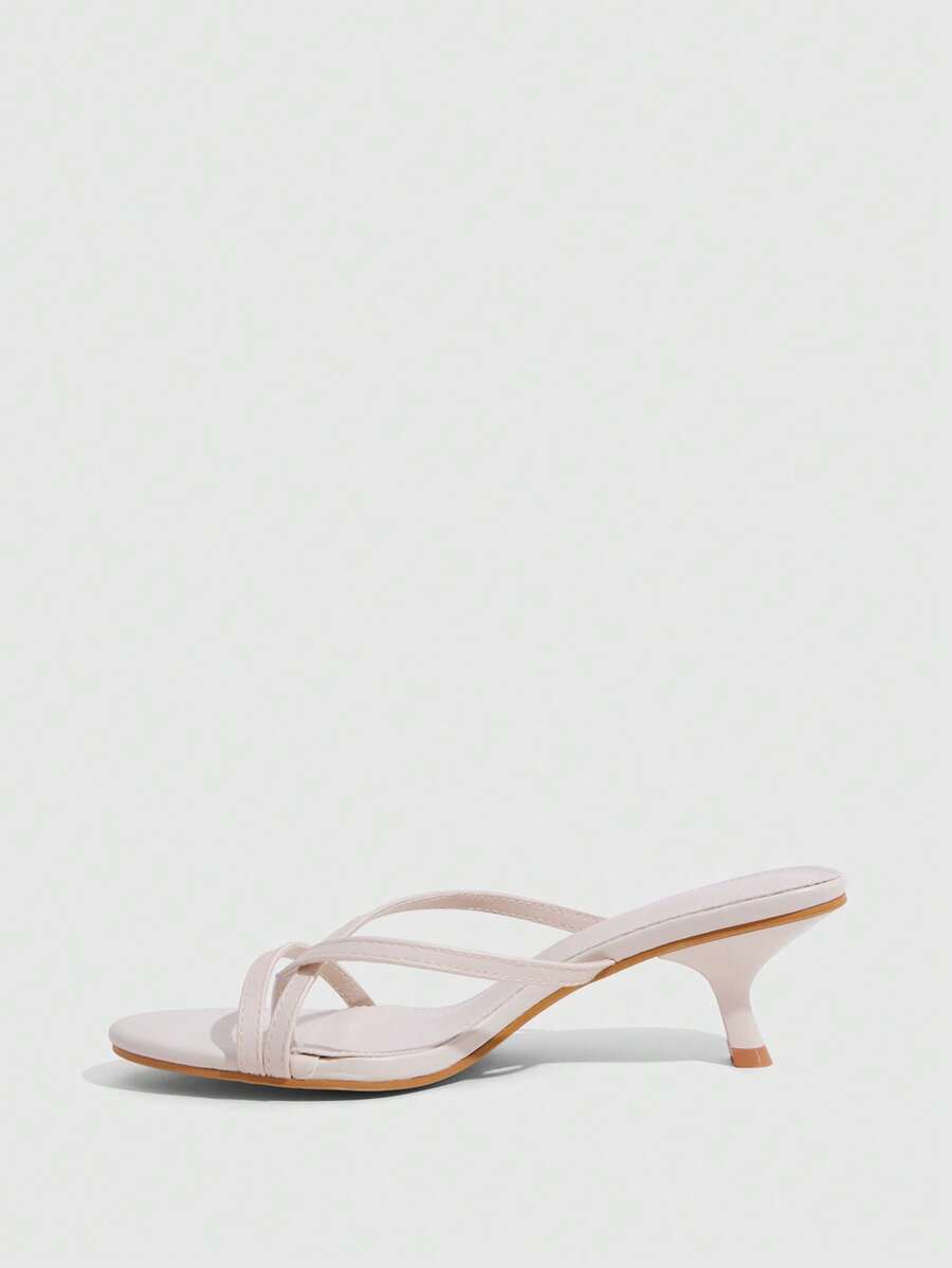 Women's open-toed high-heeled sandals featuring a 5.5cm kitten heel stiletto, sleek ankle strap with buckle closure, and smooth PU leather finish.