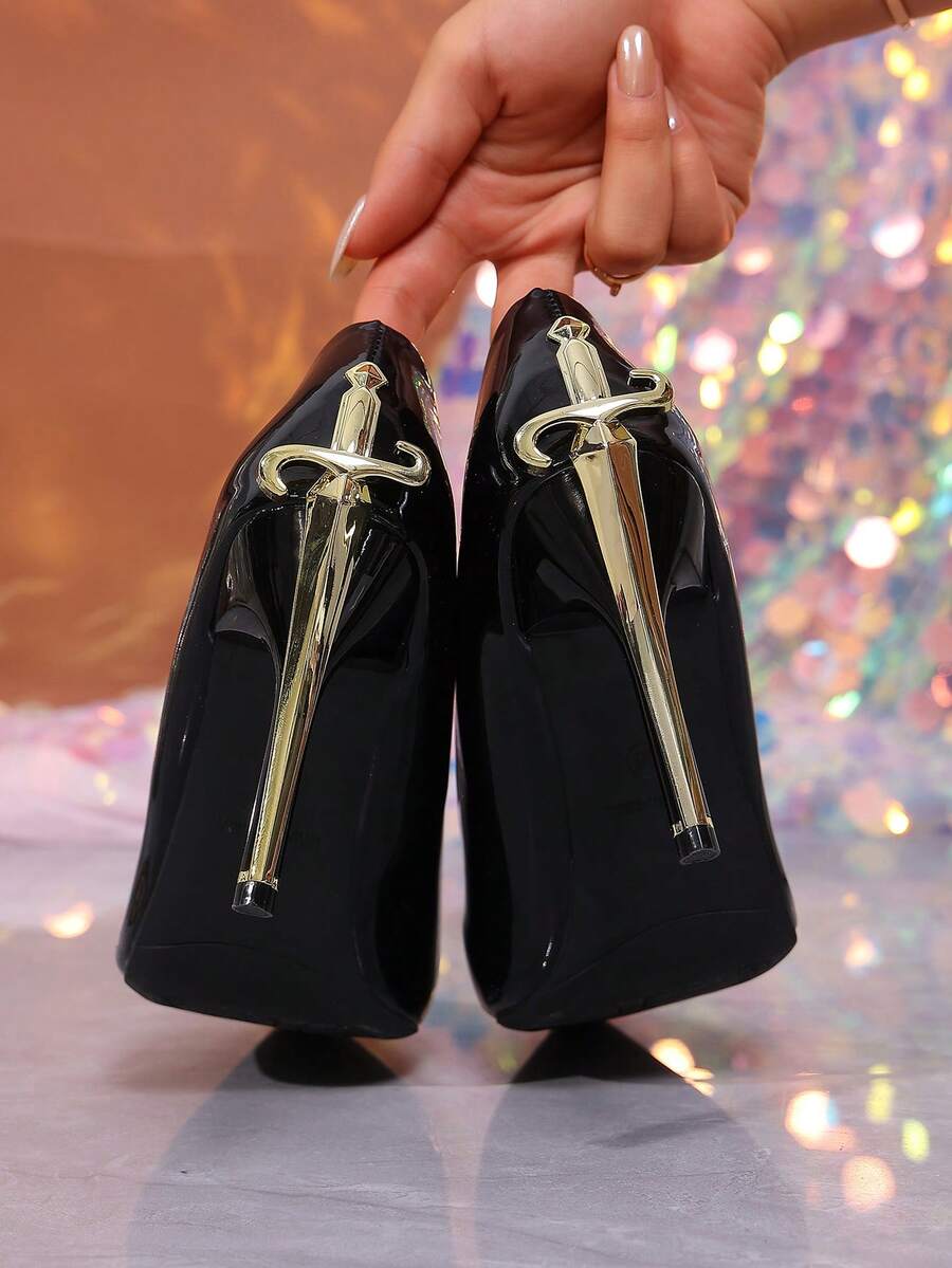 Glossy black pointed toe stiletto high heel pumps with bow detail for women