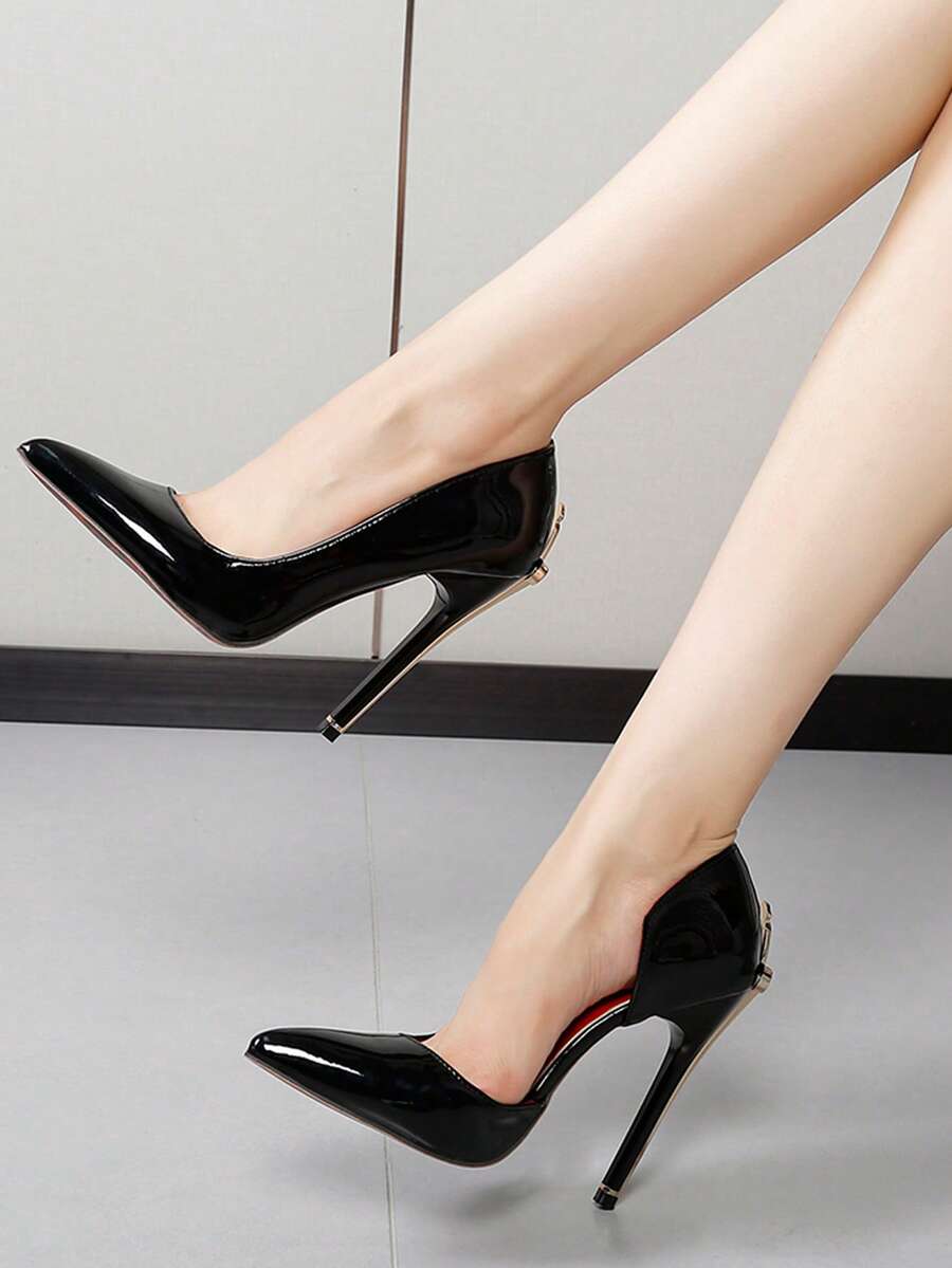 Glossy black pointed toe stiletto high heel pumps with bow detail for women
