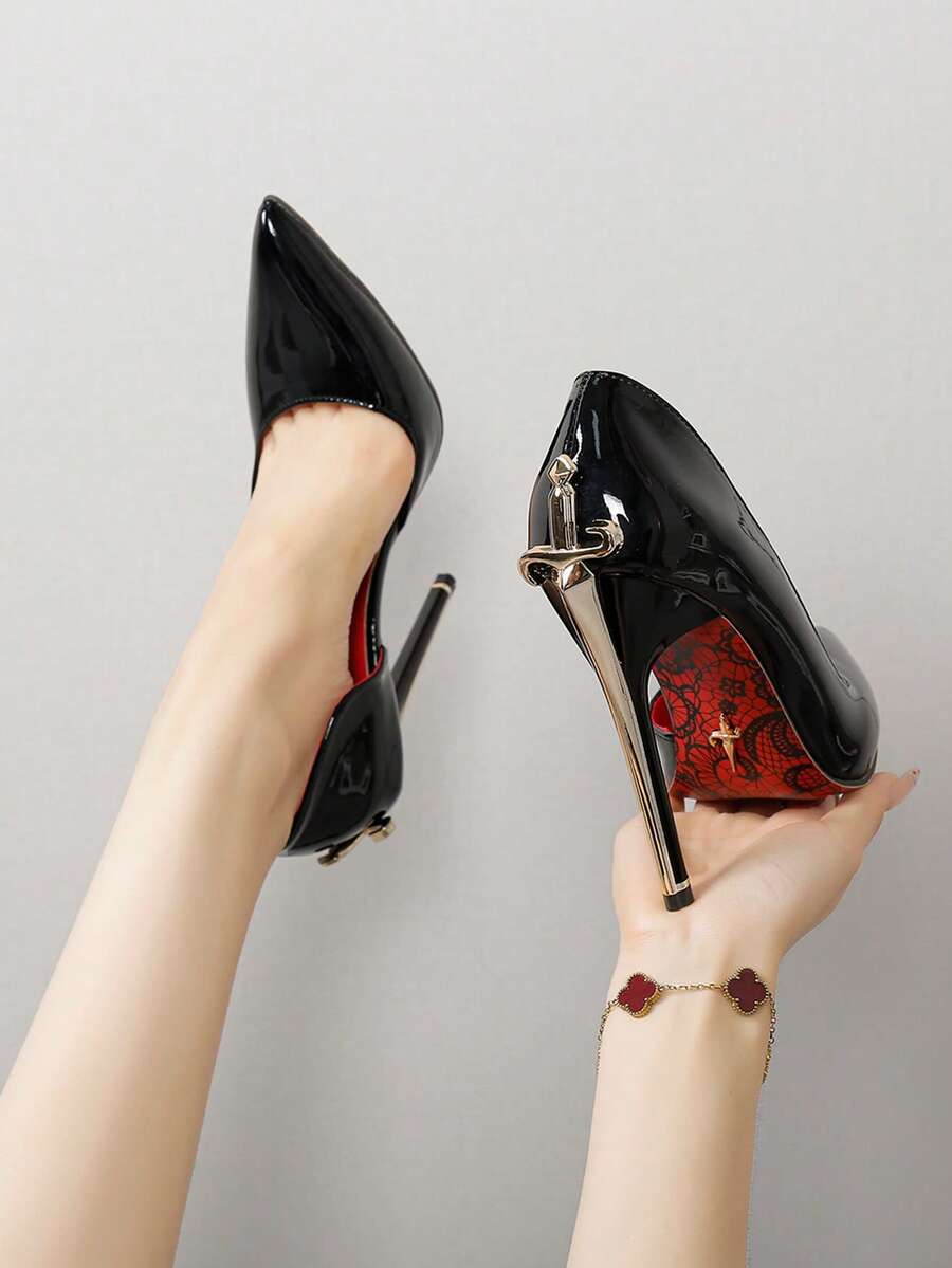 Glossy black pointed toe stiletto high heel pumps with bow detail for women
